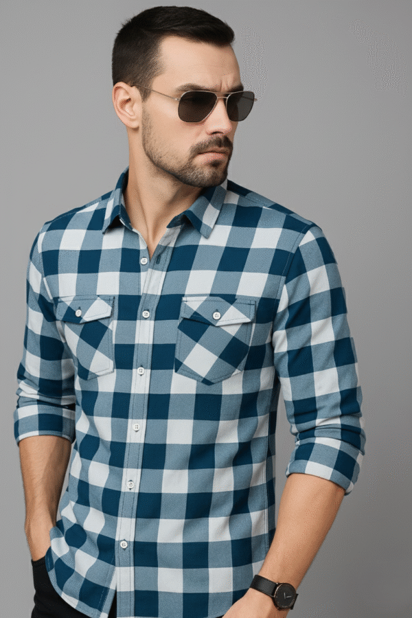 Men’s Classic Blue & White Checked Cotton Casual Shirt | Stylish Regular Fit Full Sleeve Shirt